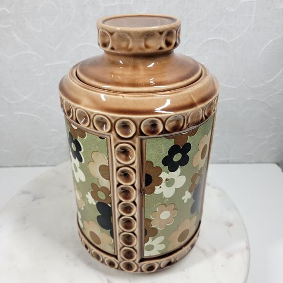 VTG McCoy USA Pottery Canister 10" Tan Green Ditsy Floral Daisy Ceramic Jar - Picture 5 of 16